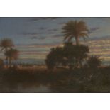 Theodore Frere, French 1814-1888- A shepherd and sheep at an oasis at dusk; oil on panel, signed,