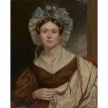 British School, early-mid 19th century- Portrait of a lady, half-length in a brown dress and bonnet;