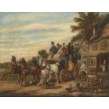 Attributed to John Charles Maggs, British 1819-1896- Stage coach leaving an inn; oil on canvas, 40.