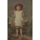 British School, late 19th century- Girl by the seaside with two wooden buckets; oil on panel, signed