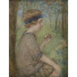 Annie Underwood RBA RMS, British 1876-1942- The Green Apple, 1913; Portrait miniature, inscribed