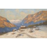Arne Hjersing, Norwegian 1860-1925- Cottage in an mountain winter landscape; oil on canvas,