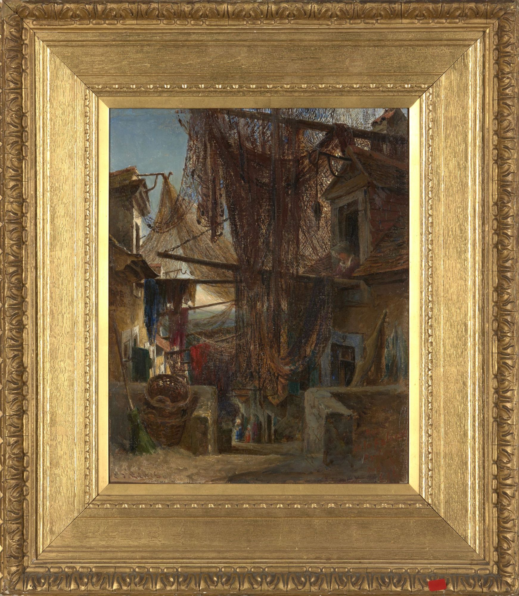 Charles James Lewis RI ROI, British 1830-1892- Drying nets, rue de Falaise, Boulogne; oil on canvas, - Image 2 of 3