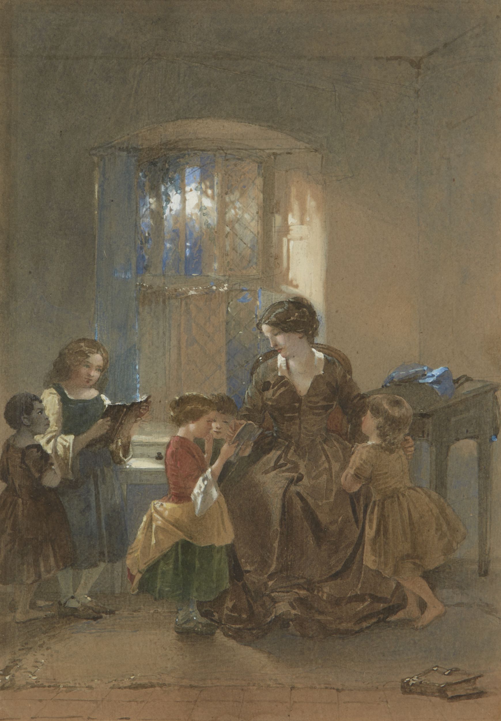 Thomas Faed RI, Scottish 1826-1900- The Governess; watercolour on buff coloured paper, 25x17.5cm