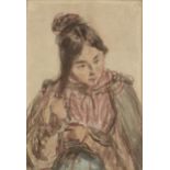 William Henry Hunt, British 1790-1864- Portrait of a girl combing her hair; watercolour, 22x15cm