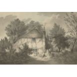 James Bourne, British 1773-1854- A Cottage at Buchanan with pig bench; pen and black ink and wash