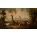 Manner of Philips Wouwerman, early 20th century- Elegant hunting party in a wood with hounds; oil on