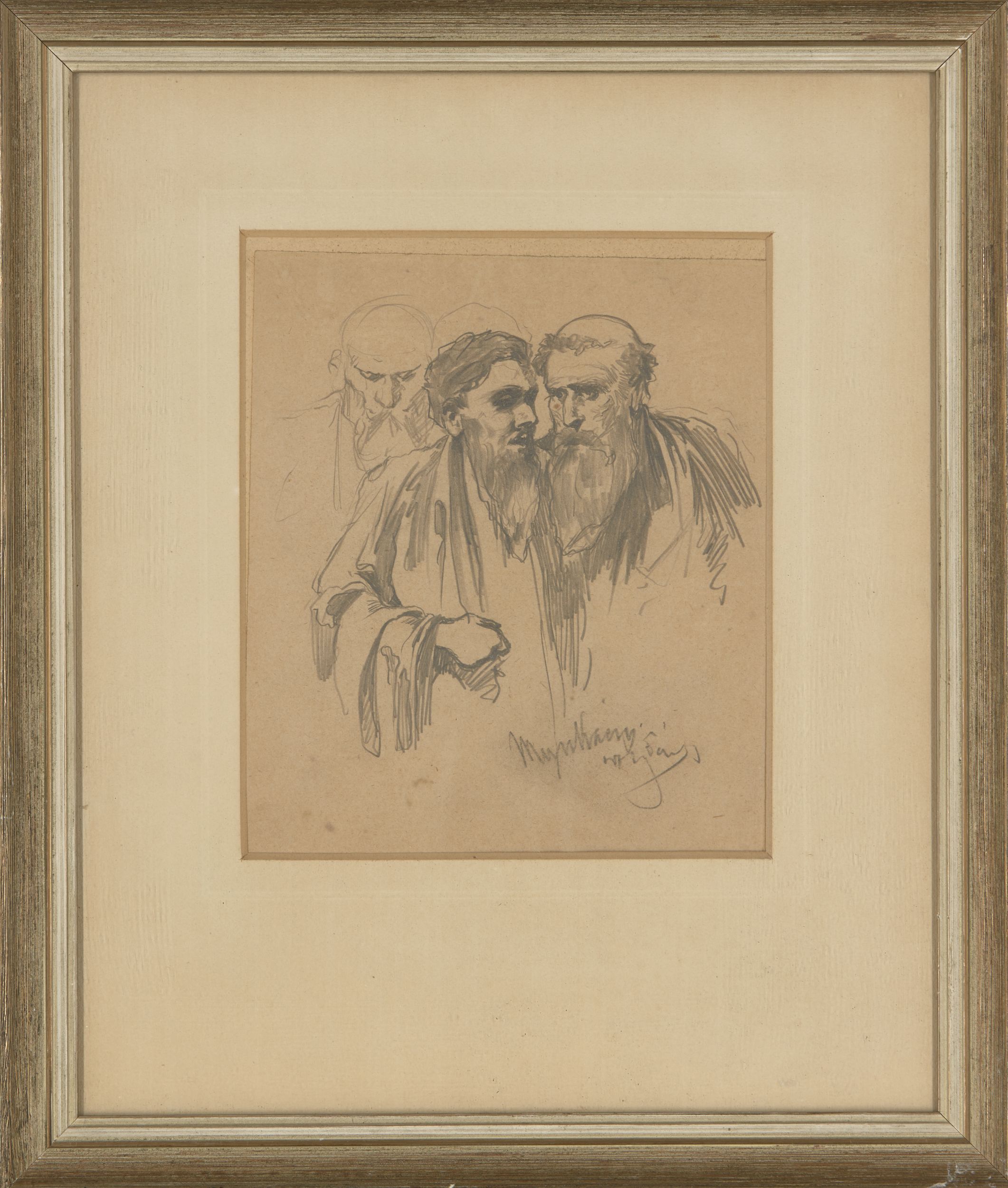 Mihály Munkácsy, Hungarian 1844-1909- Study of men; pencil, signed and inscribed, 20.5x17.5cm - Image 2 of 3