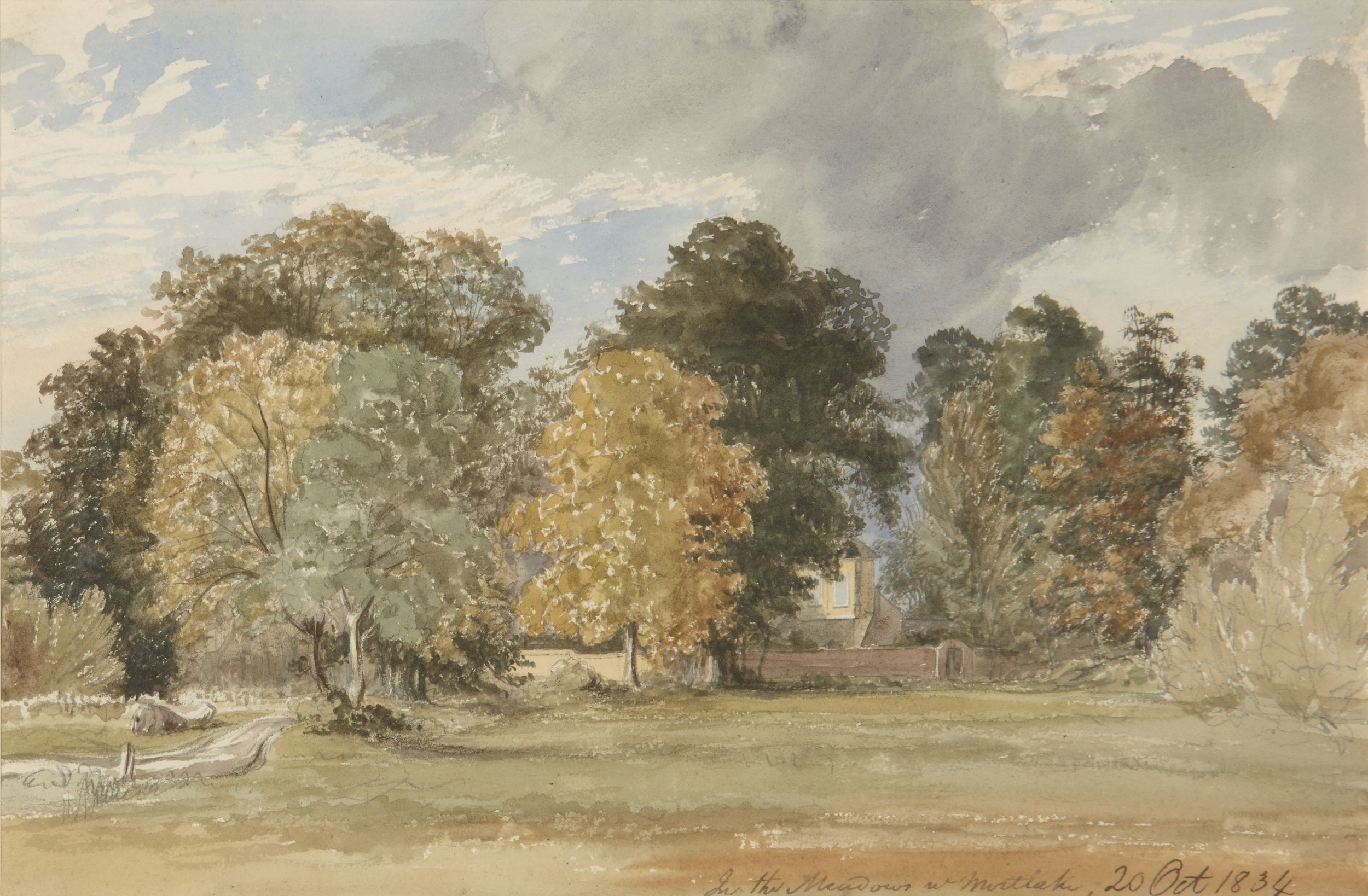 Thomas Lindsay NWS, British 1793-1861- In the Meadows nr Mortlake; watercolour, titled and dated