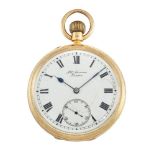 An 18ct gold open face keyless pocket watch, the white enamel dial with Roman numerals and