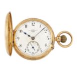 An 18ct gold demi-hunter case pocket watch, by Dent, the white enamel dial with Roman numerals and