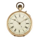 An early 20th century gold open face chronograph pocket watch, the white enamel dial with Roman