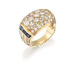 A diamond and sapphire ring, of pave brilliant-cut diamond curved panel design, to baguette-cut