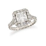 A diamond ring, the square modified brilliant-cut diamond, weighing 2.01 carats, to a brilliant-