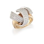 A pave diamond crossover ring, of stylised ribbon fold design with three arcing diamond panels to