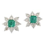 A pair of emerald and diamond cluster earrings, of flowerhead design, each cut-cornered square