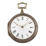 A George III silver pair case pocket watch, the white enamel dial with Roman numerals, the gilt