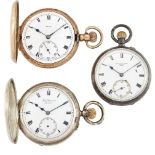 A 9ct gold open face demi hunter keyless pocket watch by Nallog and two silver keyless pocket