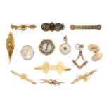 A group of jewellery and other items, including: eight late 19th or early 20th century gold