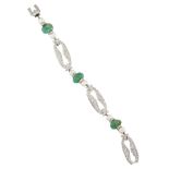 An emerald, diamond and cultured pearl bracelet, composed of a line of four fluted emerald beads