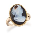 A nineteenth century agate cameo ring, depicting a female head in profile, to a gold mount and plain