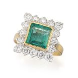 An emerald and diamond cluster ring, the cut-cornered square emerald in collet mount to a