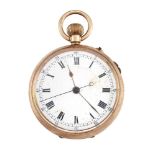 A 9ct gold open face chronograph keyless pocket watch, the white enamel dial with Roman numerals and