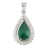 An emerald and diamond pendant, the fancy-cut pear shaped emerald within a brilliant-cut diamond