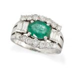 An emerald and diamond ring, the oval-cut emerald with graduated baguette-cut diamond two stone