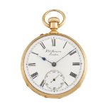 An early 20th century gold open-face keyless lever pocket watch by Benson, the white enamel dial