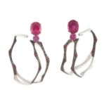 A pair of pink tourmaline, ruby and black gem hoop ear clips, by Gavello, the cushion and circular-