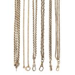 Four Victorian gold guard chains, one 15ct, one 9ct, of belcher and curb link design, the longest