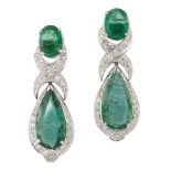 A pair of emerald and diamond pendant earrings, the pear shaped emerald drops with brilliant-cut