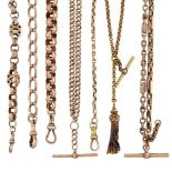 A group of late 19th/early 20th century gold watch chains, including a fancy link 9ct chain with two