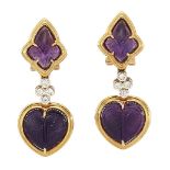 A pair of amethyst and diamond earrings, each carved heart heaped amethyst bead collet drop to