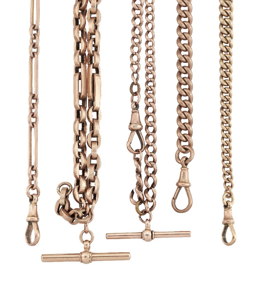 Four late 19th/early 20th century 9ct gold watch chains and a 9ct gold bracelet, the chains of