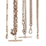 Four late 19th/early 20th century 9ct gold watch chains and a 9ct gold bracelet, the chains of