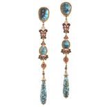 A pair of matrix turquoise, red gem and seed pearl long drop vermeil earrings, by Percossi Papi, the