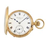 An 18ct gold demi-hunter case pocket watch, by Benson, the white enamel dial with Roman numerals and