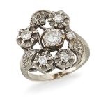 A diamond cluster ring, the claw-set brilliant-cut diamond centre within a surround of four circular