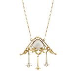 An Art-Nouveau pearl and white enamel pendant necklace, by Fernand Grange, designed as a