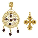 Two garnet-set pendants, the first modelled as a cross, each lobed terminal with single circular