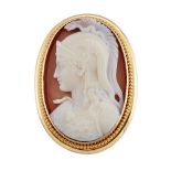 A nineteenth century gold framed hardstone cameo brooch, depicting a helmeted Athena in profile