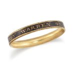 A George III gold and enamel mourning ring, the black enamel band engraved MARY WARREN OB. 26 OCT: