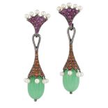 A pair of pink sapphire and cultured pearl earrings with detachable melon chrysoprase and orange