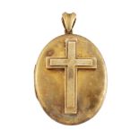 A Victorian gold, hinged locket with applied cross, of plain oval form opening to reveal a