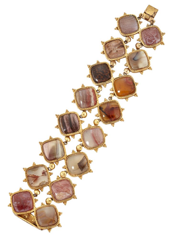 An 18th century gilt mounted hardstone bracelet, designed as two articulated rows of varicoloured