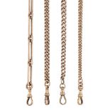 Four late 19th/early 20th century 9ct gold watch chains, three of cable link and one of fetter