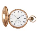 An 9ct gold demi-hunter case keyless pocket watch, the white enamel dial with Roman numerals and