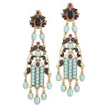 A pair of Hamsa design turquoise and iolite vermeil drop earrings, by Percossi Papi, richly